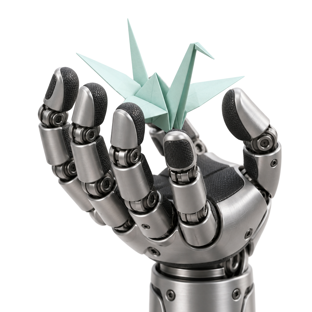 LinkerBot LinkerHand L20 dexterous hand holding a delicate origami crane, used in the SMERT healthcare research programme