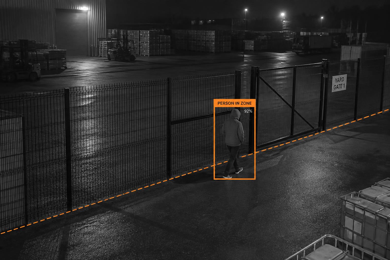 Night-time yard camera with AI overlay marking a person inside a restricted zone