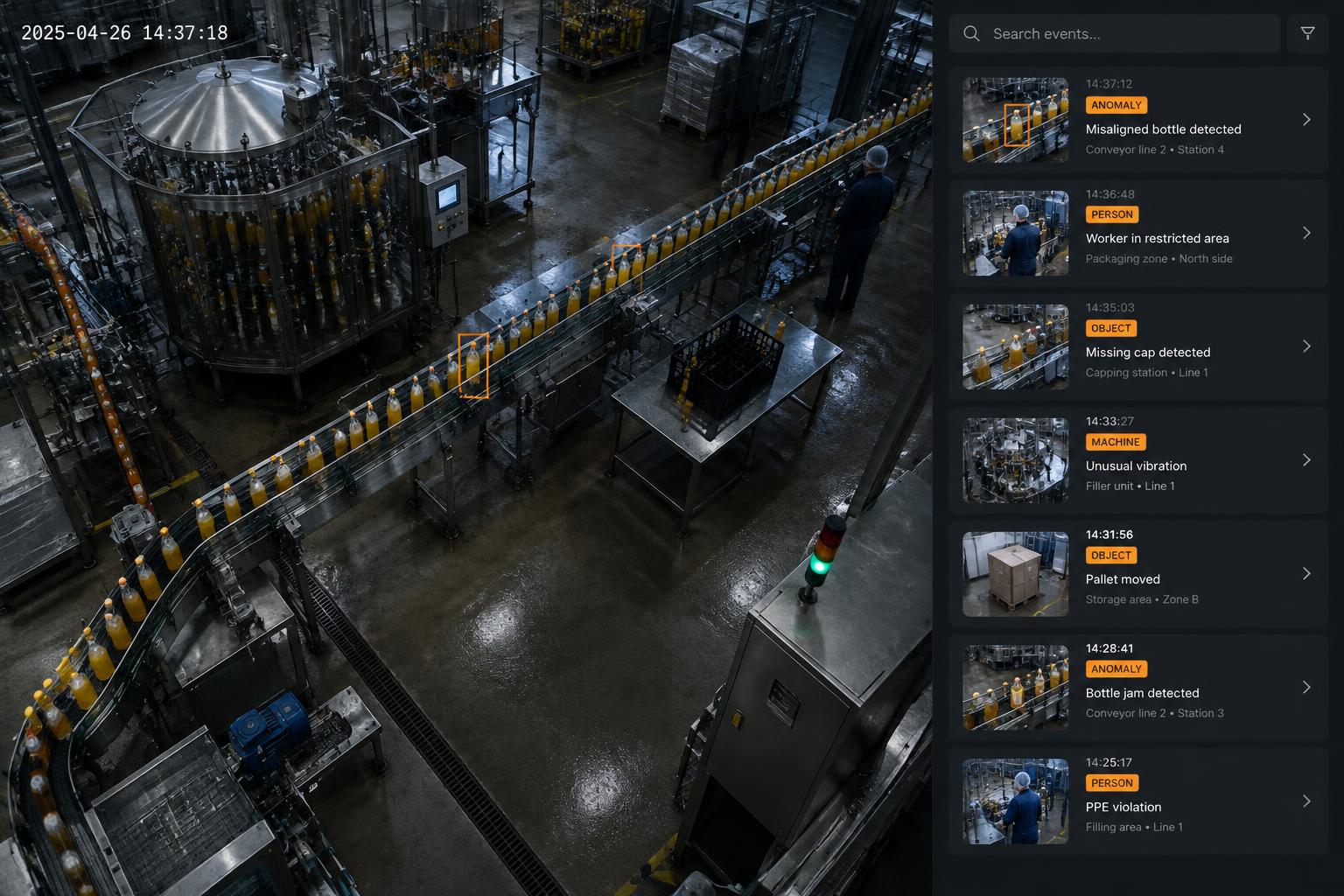 Factory line camera view with an event timeline of AI-verified alerts and a search bar