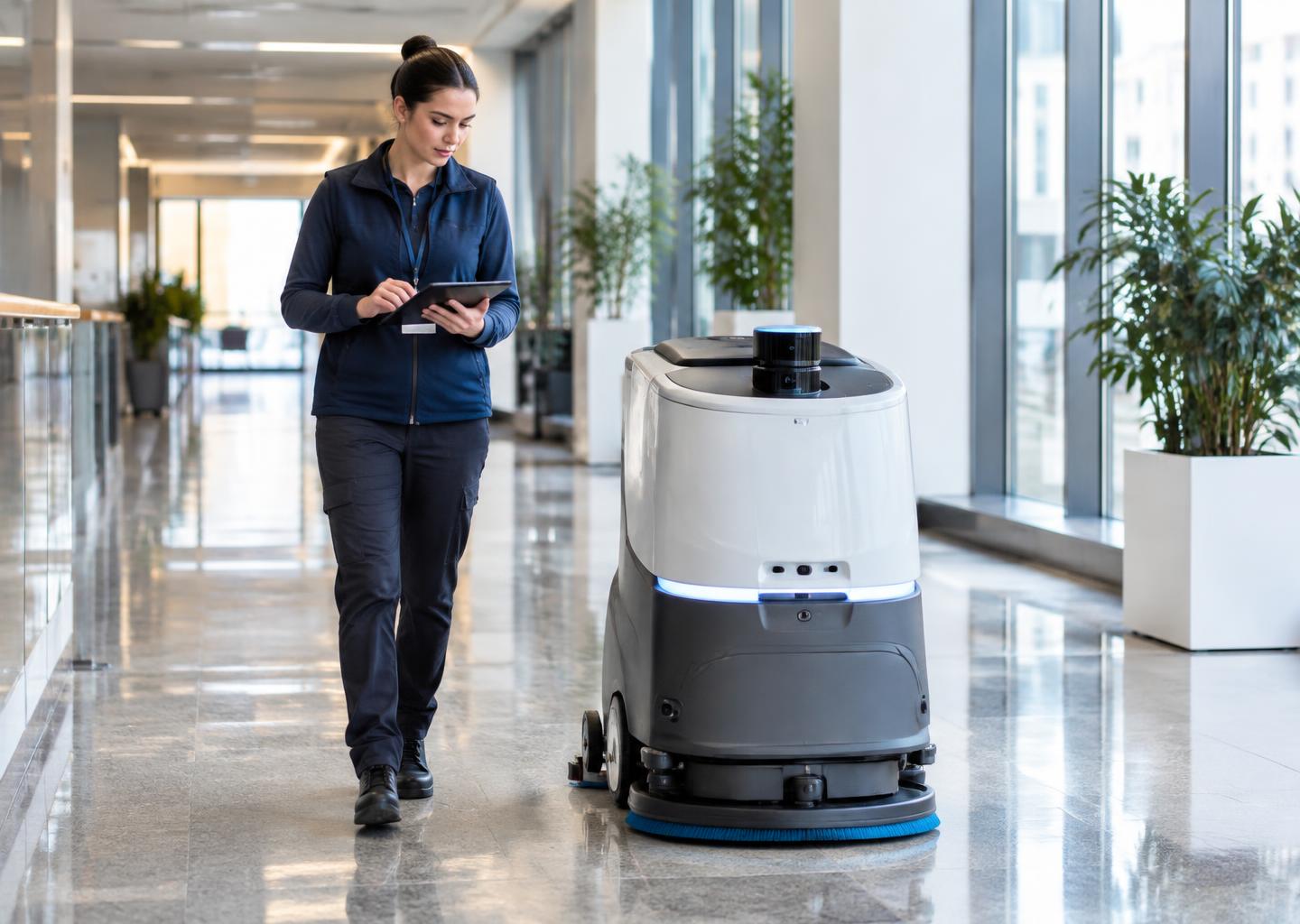 Illustration of an autonomous floor-cleaning robot working alongside a facility manager with a tablet